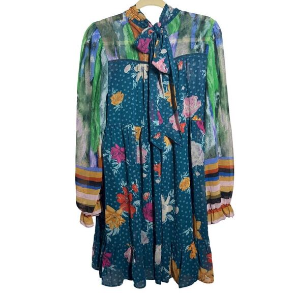 Fate Dress Women M Mixed Print Slip Lined Problem Solved Teal Blue Floral Dress - Picture 3 of 6